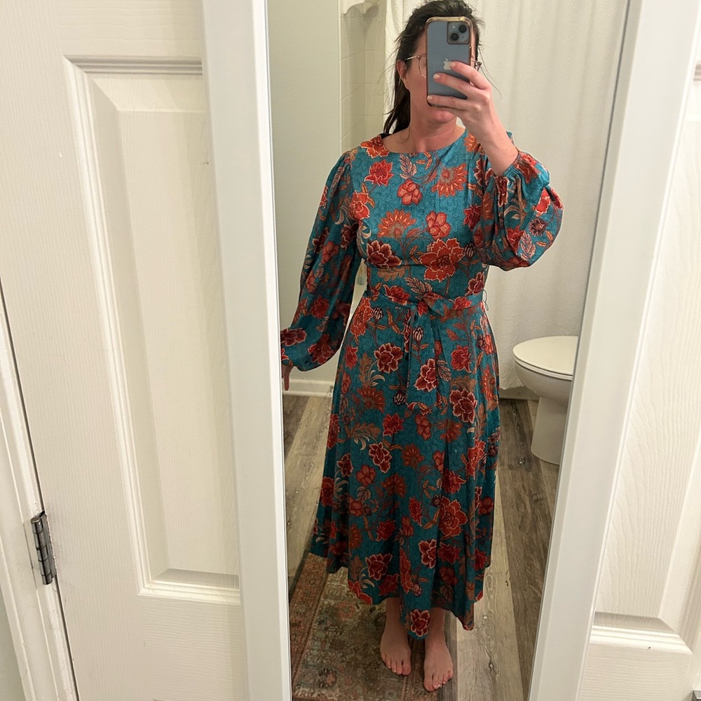 Floral Long Sleeve Dress - Teal and Red